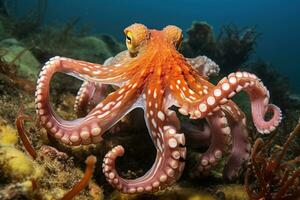 ai gegenereerd Octopus Aan de bodem van de zee. detailopname. foto