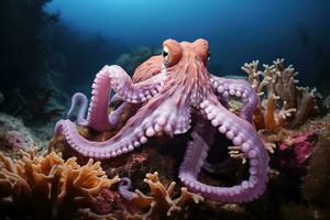 ai gegenereerd Octopus Aan de bodem van de zee. detailopname. foto