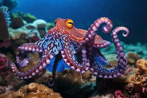 ai gegenereerd Octopus Aan de bodem van de zee. detailopname. foto