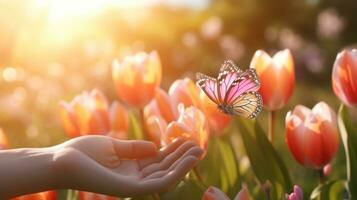 ai gegenereerd levendig vlinder Aan een menselijk hand- tegen een backdrop van wazig tulpen veld. banier met kopiëren ruimte. ideaal voor thema's van natuur, schoonheid, en kalmte foto