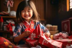 ai gegenereerd schattig Aziatisch weinig meisje Holding geschenk doos in leven kamer foto