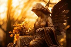 ai gegenereerd gouden engel standbeeld in een begraafplaats in een zonnig dag foto