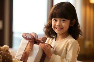 ai gegenereerd schattig Aziatisch weinig meisje Holding geschenk doos in leven kamer foto