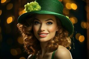 ai gegenereerd st. Patrick dag. portret van een mooi jong vrouw vervelend een elf van Ierse folklore hoed. foto