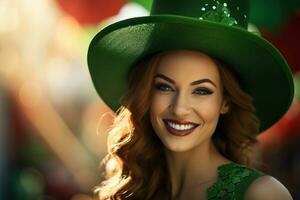 ai gegenereerd st. Patrick dag. portret van een mooi jong vrouw vervelend een elf van Ierse folklore hoed. foto