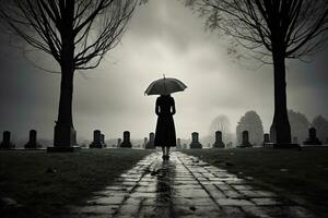 ai gegenereerd mooi jong vrouw met paraplu in de begraafplaats foto