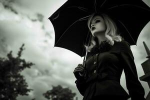 ai gegenereerd mooi jong vrouw met paraplu in de begraafplaats foto
