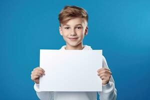 ai gegenereerd weinig jongen Holding een blanco wit vel van papier foto