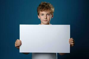 ai gegenereerd weinig jongen Holding een blanco wit vel van papier foto