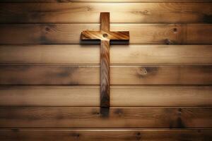 ai gegenereerd houten christen kruis Aan een houten achtergrond.christelijk religie concept. foto
