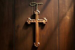 ai gegenereerd houten christen kruis Aan een houten achtergrond.christelijk religie concept. foto