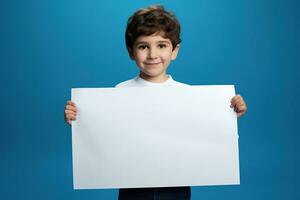 ai gegenereerd weinig jongen Holding een blanco wit vel van papier foto