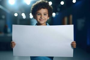 ai gegenereerd weinig jongen Holding een blanco wit vel van papier foto