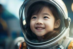 ai gegenereerd portret van weinig Aziatisch meisje vervelend astronaut helm in de ruimte foto