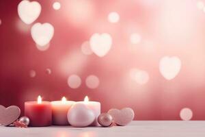 ai gegenereerd Valentijnsdag dag achtergrond met harten en kaarsen Aan bokeh achtergrond foto