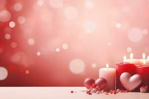 ai gegenereerd Valentijnsdag dag achtergrond met harten en kaarsen Aan bokeh achtergrond foto