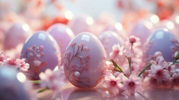 ai gegenereerd kleurrijk Pasen eieren zittend in de omgeving van de bloemen, foto