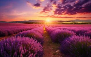 ai gegenereerd zonsopkomst zon over- lavendel veld- in zomer, foto