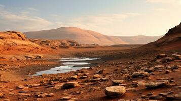 ai gegenereerd biedt een glimp van de Mars landschap, met haar roodachtig tinten en rotsachtig terrein foto