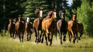 ai gegenereerd een groep van paarden rennen aan de overkant een weide, gevangen genomen in een dynamisch actie schot foto