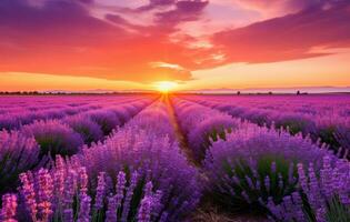 ai gegenereerd nieuw lavendel veld- Bij zonsondergang foto