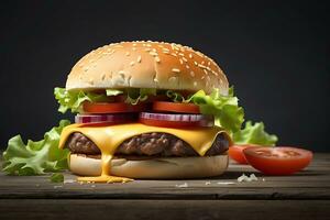 ai gegenereerd een Hamburger met kaas en sla Aan een houten tafel foto