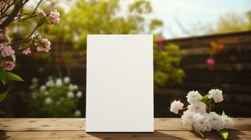 ai gegenereerd kladblok met blanco voorkant, realistisch Aan een mockup sjabloon in een houten tafel in een voorjaar tuin foto