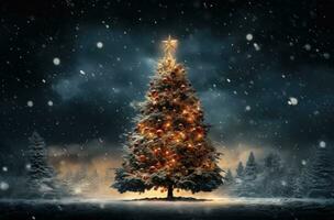ai gegenereerd Kerstmis boom met cadeaus Aan de grond, foto