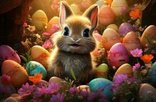 ai gegenereerd de weinig konijn is zittend tussen veel gekleurd eieren, foto