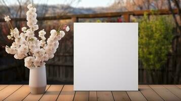 ai gegenereerd wit groet kaart met blanco voorkant, realistisch Aan een mockup sjabloon in een houten tafel in een Pasen luxe achtergrond in huis binnen, foto