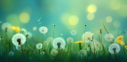 ai gegenereerd paardebloemen in groen gras veld- achtergrond, foto