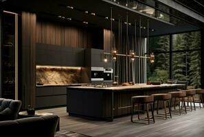 ai gegenereerd strak keuken met donker en hout kleuren foto