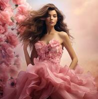 ai gegenereerd een vrouw in een jurk met een roze bloemen patroon, foto