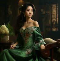 ai gegenereerd jaom bak suwoong is een jong Aziatisch actrice in groen jurk, foto