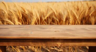 ai gegenereerd een oud hout tafel De volgende naar een tarwe veld, foto