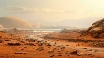 ai gegenereerd biedt een glimp van de Mars landschap, met haar roodachtig tinten en rotsachtig terrein foto