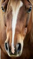 ai gegenereerd teder bruin paard, met zacht ogen en een nieuwsgierig uitdrukking foto