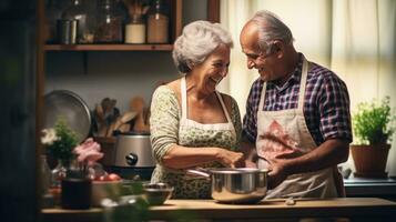 ai gegenereerd ouderen paar Koken ontbijt samen in hun knus cabine keuken foto