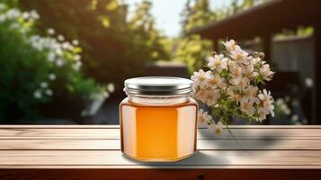 ai gegenereerd pot van honing met blanco voorkant realistisch Aan een mockup sjabloon in een houten tafel in een zomer tuin met bij, foto