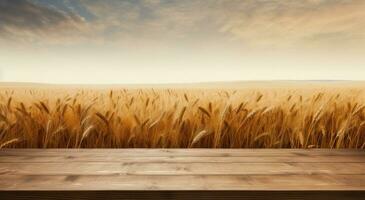 ai gegenereerd een houten tafel met tarwe veld- in de achtergrond, foto