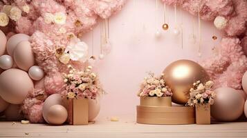 ai gegenereerd luxe goud podium met roze ballon ai generatief foto