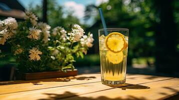 ai gegenereerd vers limonade drinken Aan de houten tafel ai generatief foto