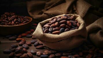 ai gegenereerd een zak cacao Aan de tafel ai generatief foto