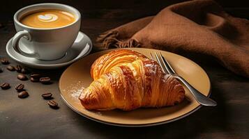 ai gegenereerd ontbijt croissant met een kop koffie ai generatief foto