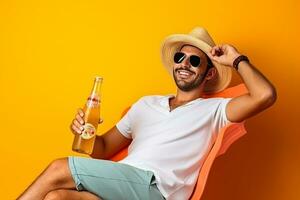 ai gegenereerd een Mens met beer fles zittend Aan de stoel oranje achtergrond zomer vakantie concept foto