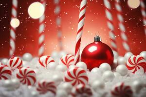 ai gegenereerd rood Kerstmis ornament en hulst struik bessen, en een wit ster Aan een besneeuwd oppervlakte foto