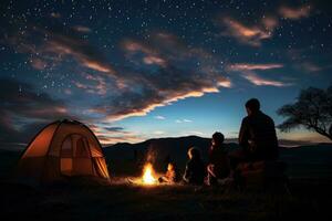 ai gegenereerd paar camping in de bergen Bij nacht met vreugdevuur en tent, een familie camping reis onder een met sterren gevuld lucht, ai gegenereerd foto