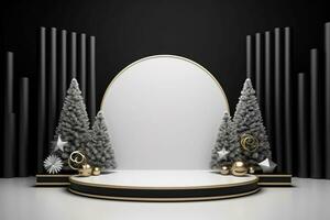 ai gegenereerd vrolijk Kerstmis 3d weergegeven zwart en wit podium Scherm voor evenement foto