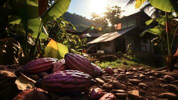 ai gegenereerd vers cacao fruit met licht blootstelling ai generatief foto