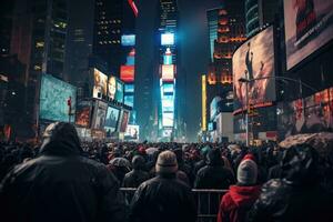 ai gegenereerd s vierkant, uitgelicht met broadway theaters en reusachtig aantal van LED tekens, is een symbool van nieuw york stad en de Verenigde staten, een menigte aan het wachten voor de bal laten vallen Bij keer vierkant, ai gegenereerd foto